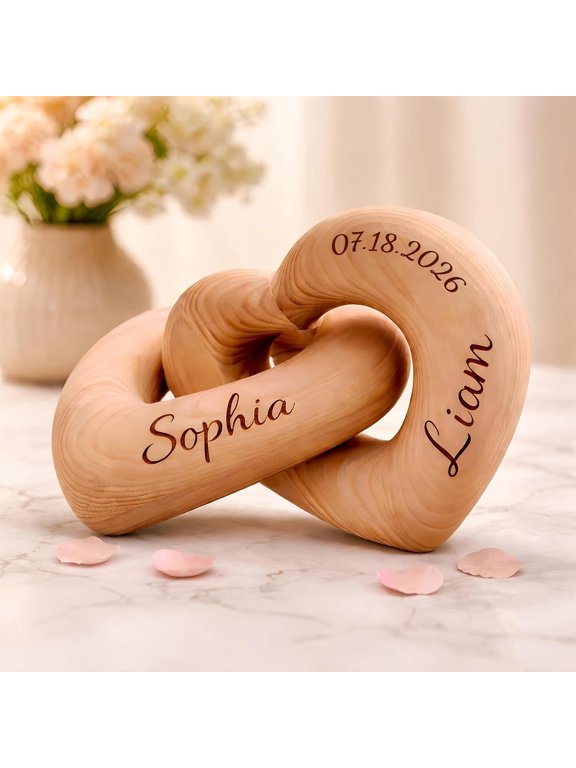 Personalized Wooden Hearts with Names & Birth Flower, Custom Engraved Interlocking Wood Hearts for Couples Romantic 5th Wedding Anniversary Valentine's Gift Wooden Home Decor (Style B)