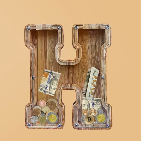 Personalized Wooden Letter Piggy Bank with Cut-Out Design, Alphabet Letter Coin Bank, Money Savings Box, Birthday Present and Home Decoration