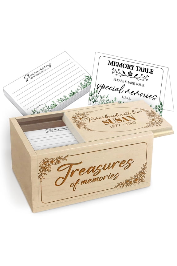 Personalized Wooden Memorial Memory Box with Custom Name and Years  Keepsake Box with 120 Cards and Table Sign for Celebration of Life or Funeral Service