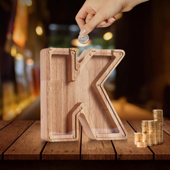 Personalized Wooden Name Deposit Box Style K - Custom 26 English Letters Money Box, Handmade Wooden Coin Bank for Little Ones & Home, Decorative Savings Container, Birthday Gifts for Women