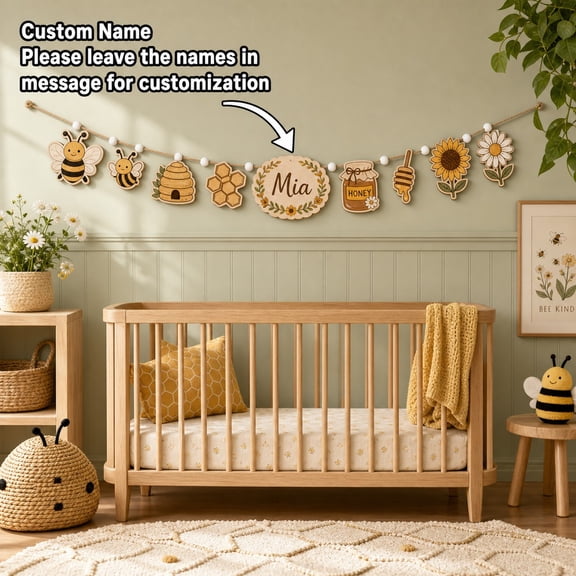 Personalized Wooden Nursery Garland Bumble Bee Wood Wall Hanging with Custom Name