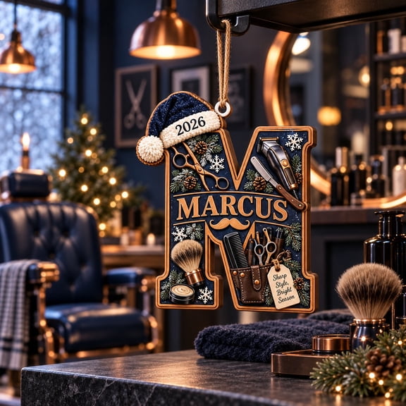 Personalized Wooden Ornament Barber Initial Navy Copper Stylist Gift
