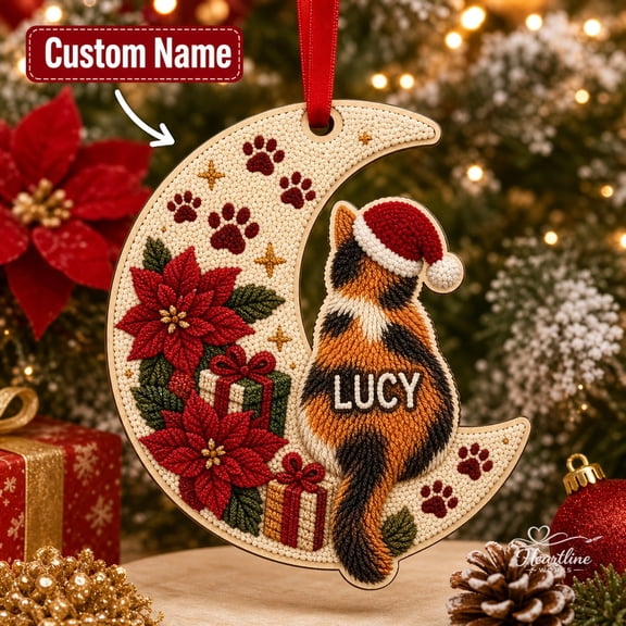 Personalized Wooden Ornament Calico Cat on Moon Tree Hanging for Cat Lovers