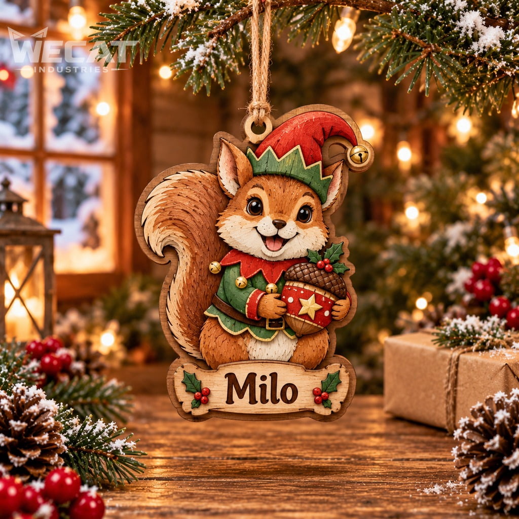 Santa Elf Project Personalized Wooden Ornament Elf Squirrel Holding Acorn Tree Hanging ...