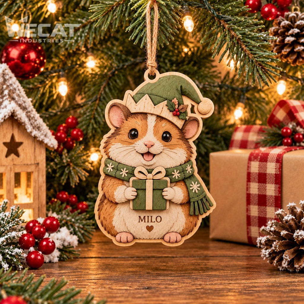 Tree Intital Personalized Wooden Ornament Hamster Elf with Present Tree Hanging for ...