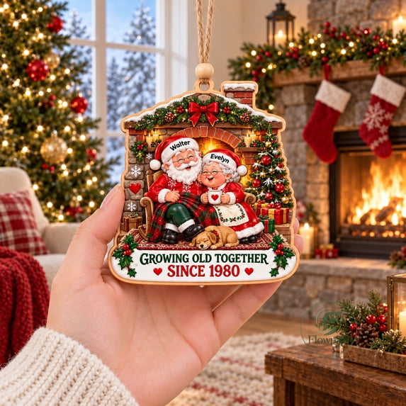 Tree Intital Personalized Wooden Ornament Santa Couple Fireplace Christmas Tree ...