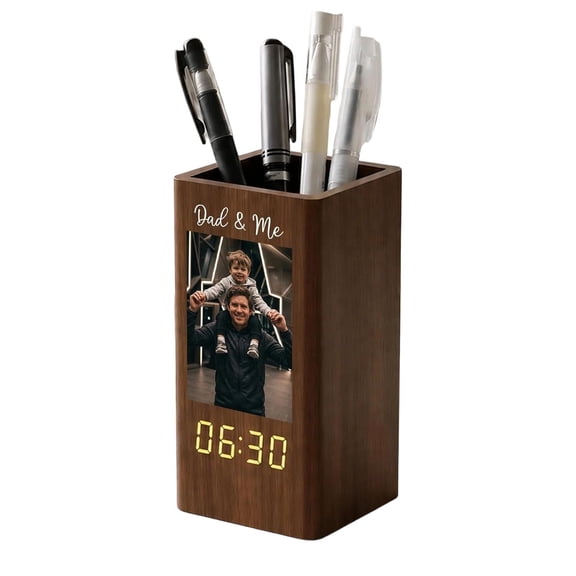 Personalized Wooden Pen Holder with Digital Clock, Custom Photo, Name, or Short Phrases, 2.4X2.4X5.4 Inch