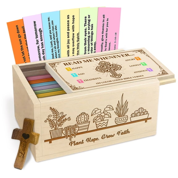 Personalized Wooden Prayer Box with 150 Color Bible Verse Cards, Maple Wood Faith with Inspirational Scripture Cards and Wooden Cross, Plant and Cactus Design