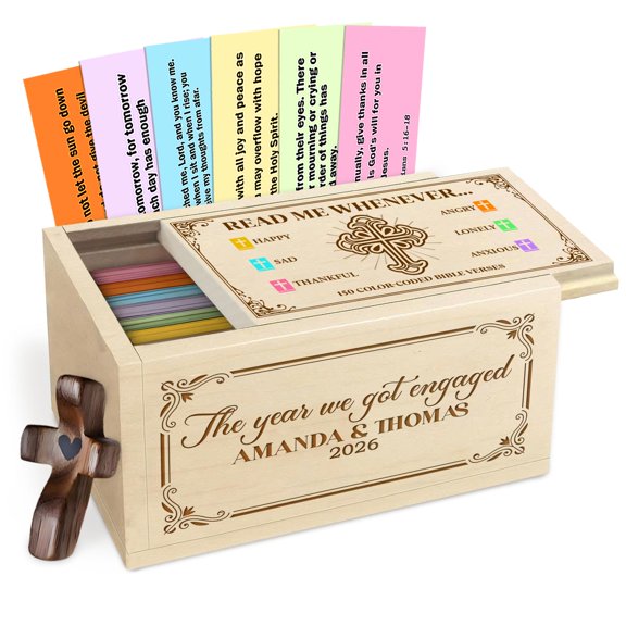 Personalized Wooden Prayer Box for Couple, Engagement Year Keepsake Box with Custom Names and Year, Christian Faith Gift with Bible Verse Cards and Wooden Cross