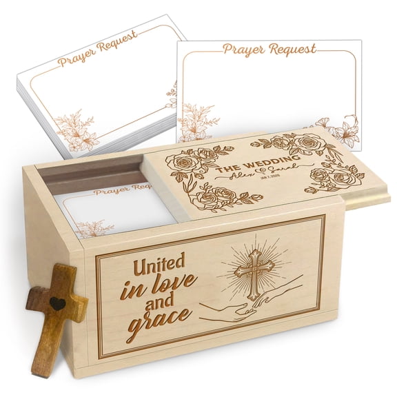 Personalized Wooden Prayer Box for Couple, Maple Wood Faith Keepsake Box with Prayer Request Cards & Wooden Cross, Custom Wedding or Anniversary Gift for Couples