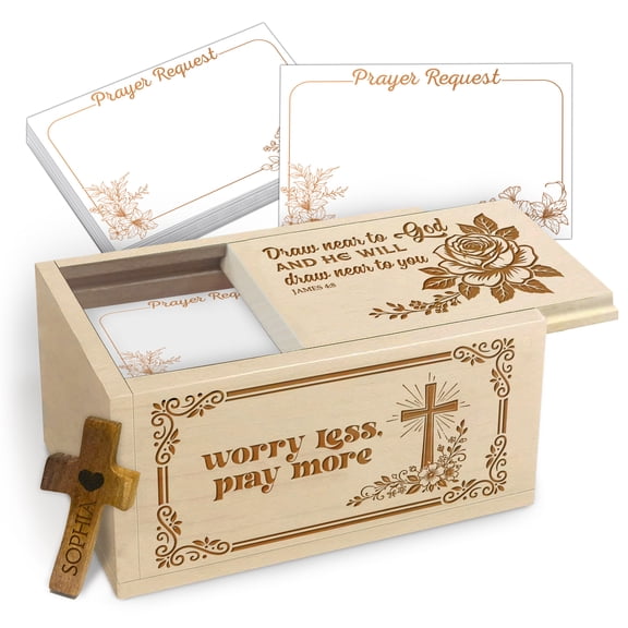 Personalized Wooden Prayer Box, Custom Name Maple Wood Faith Keepsake Box with 100 Blank Prayer Cards and Handheld Wooden Cross, Inspirational Christian Gift for Daily Prayer