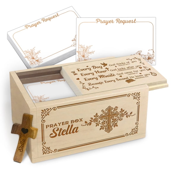 Personalized Wooden Prayer Box, Custom Name Maple Wood Faith Keepsake Box with 100 Blank Prayer Cards and Handheld Wooden Cross, Inspirational Christian Gift for Daily Reflection