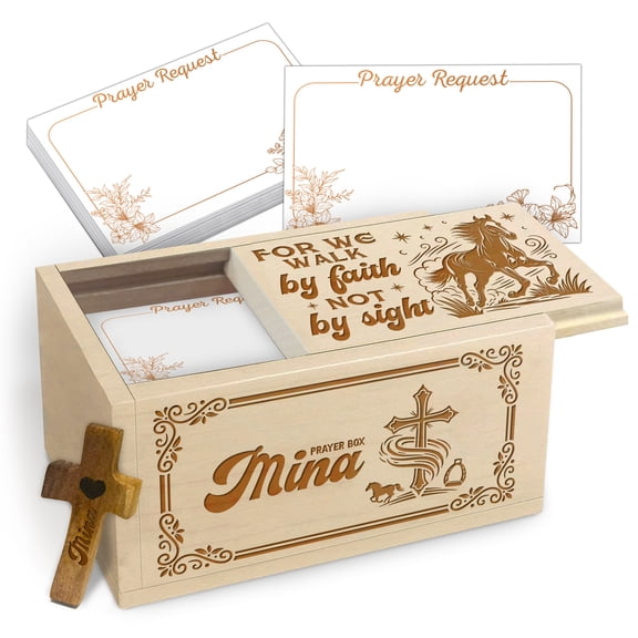 Personalized Wooden Prayer Box with Custom Name, Maple Wood Faith Keepsake Box with 100 Prayer Request Cards & Wooden Cross, Inspirational Gift for Daily Reflection