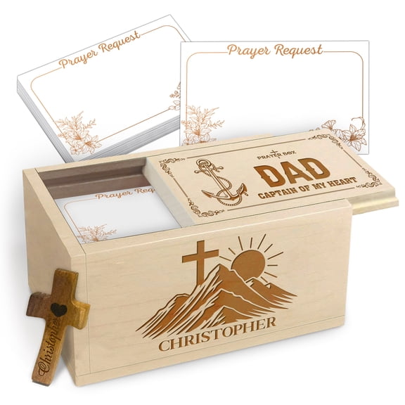 Personalized Wooden Prayer Box for Dad, Maple Wood Faith Keepsake Box with Custom Name Engraving, 100 Prayer Request Cards & Wooden Cross, Meaningful Father Gift