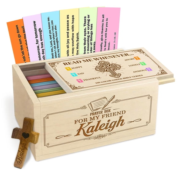 Personalized Wooden Prayer Box for Friend, Custom Name Bible Verse Box with 150 Scripture Cards and Wooden Cross, Christian Encouragement Gift for Best Friend