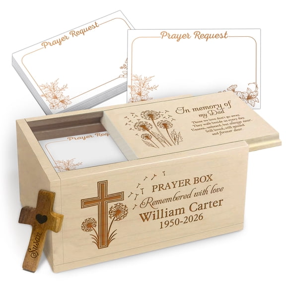 Personalized Wooden Prayer Box Memorial, Maple Wood Faith Keepsake Box with Prayer Request Cards & Wooden Cross, Custom Memorial Box with Name and Year for Loved One