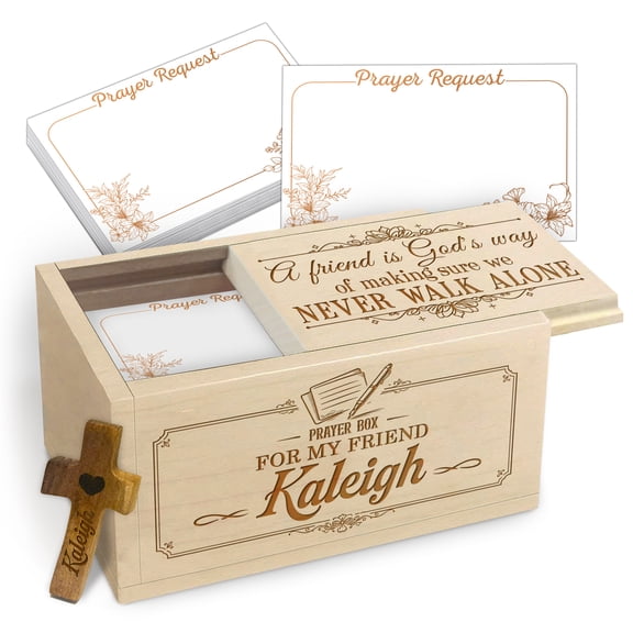 Personalized Wooden Prayer Box "Turn Your Worries into Prayers", Custom Name Maple Wood Faith Keepsake Box with 100 Blank Prayer Cards and Handheld Wooden Cross, Inspirational Christian Gift