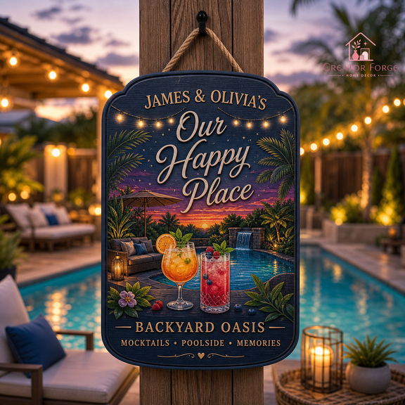 Personalized Wooden Sign Backyard Oasis Poolside Mocktail Gift for Couples