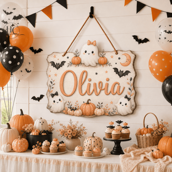 Personalized Wooden Sign Cute Ghost Wood Window Hanging for Halloween Shower Decor