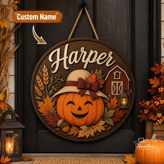 Personalized Wooden Sign Harvest Pumpkin Autumn Front Door Hanger for Fall Housewarming Gift