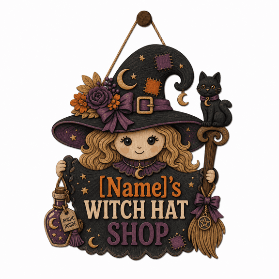 Personalized Wooden Sign Witch Hat Shop Wood Door Hanger Halloween Decor for Witchy Homes