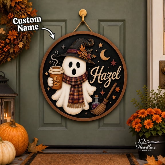 Personalized Wooden Sign Witchy Autumn Ghost Front Door Hanger for Halloween Entryway Decor
