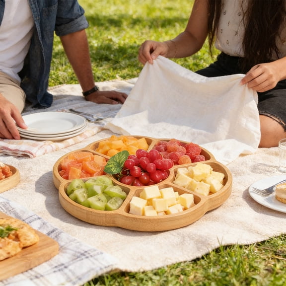 Personalized Wooden Snack Tray | 7 Compartment Flower-Shaped Serving Platter for Appetizers, Parties & Entertaining | 11.6 x 11.6 Inches