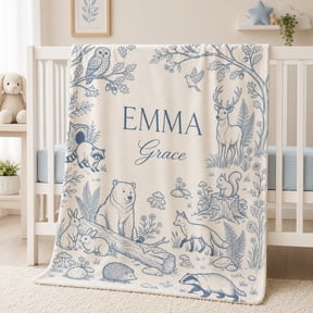 Personalized Woodland Animal Blue Forest Design Fleece Throw Blanket, Custom Name, Soft 280 GSM Polyester