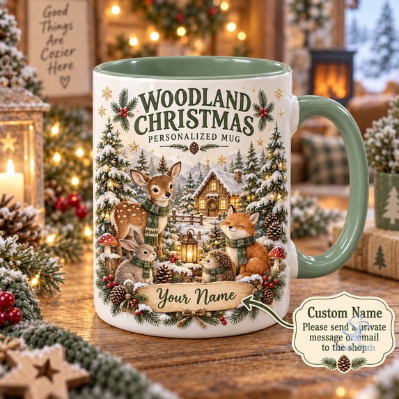 Personalized Woodland Christmas Animals Mug, Sage Green for Winter ...