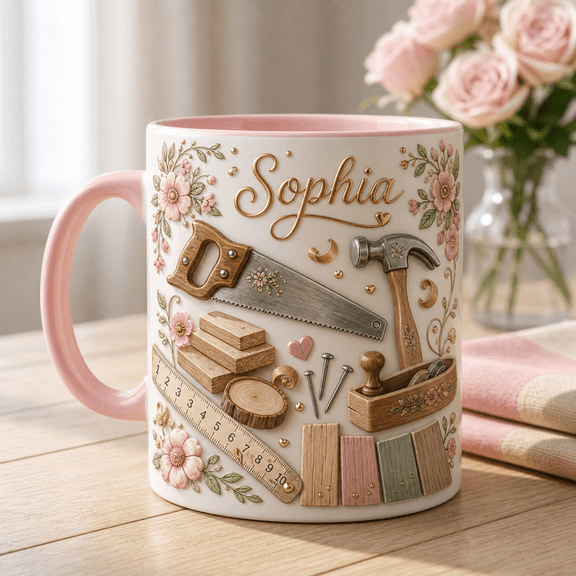 Personalized Woodworker Mug with 3D Effect Saw Hammer Design, Rustic Floral Gift