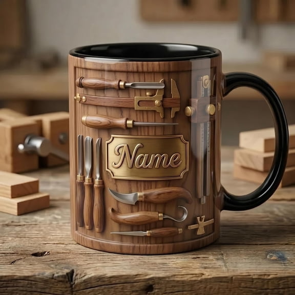 Personalized Woodworking Dad Name Mug, Faux 3D Accent Ceramic Cup