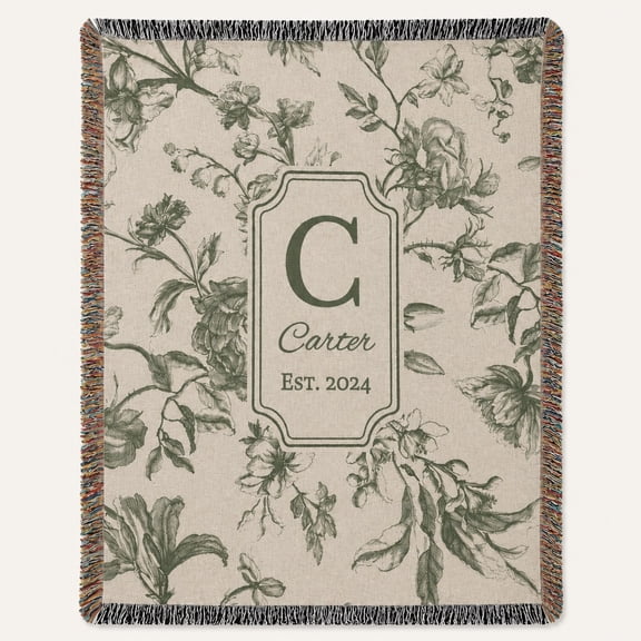 Personalized Woven Cotton Blanket, Custom Monogram Floral Throw with Fringe