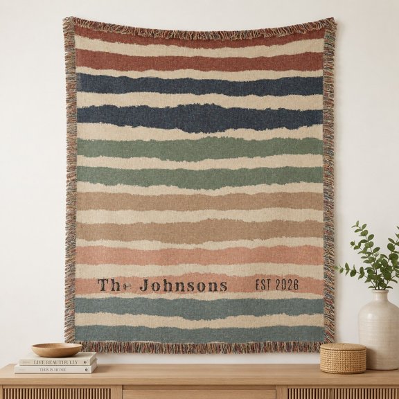 Personalized Woven Cotton Blanket, Custom Name Date Fringed Throw