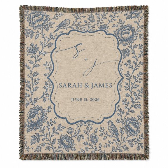 Personalized Woven Cotton Blanket, Custom Names Date Floral Bird Throw
