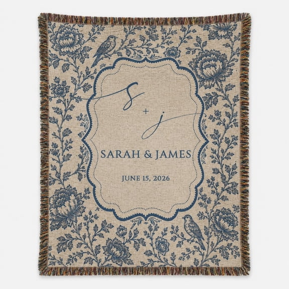 Personalized Woven Cotton Blanket, Custom Names Date Floral Bird Throw