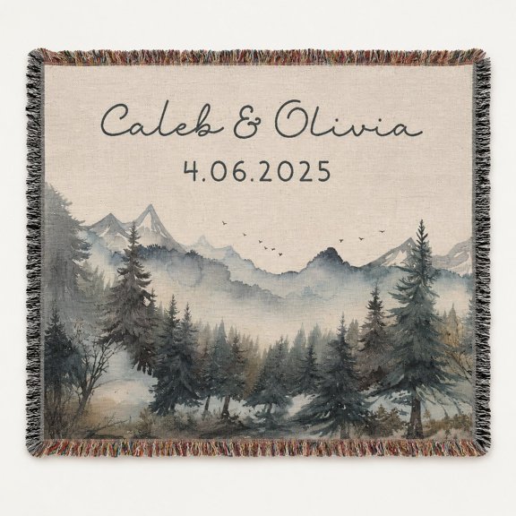 Personalized Woven Cotton Blanket, Custom Names Date Mountain Forest Throw
