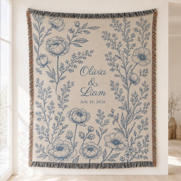 Personalized Woven Cotton Blanket for Couples, Custom Name & Date Floral Throw