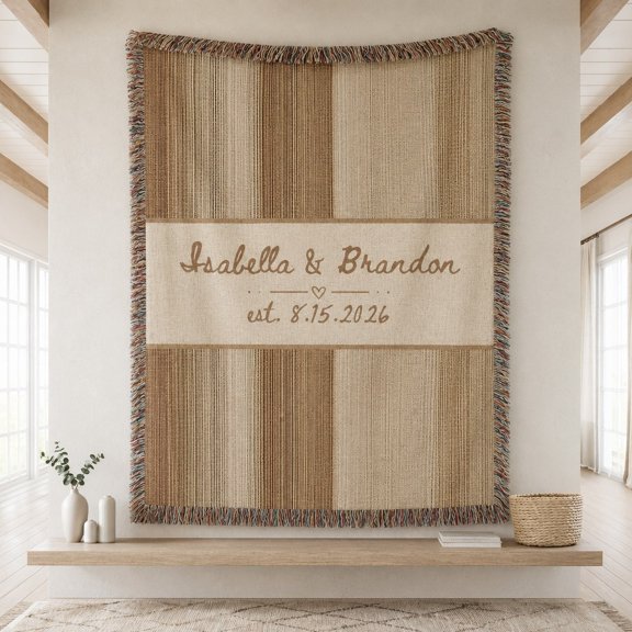 Personalized Woven Cotton Blanket with Names & Date, Fringed Throw, 3 Sizes