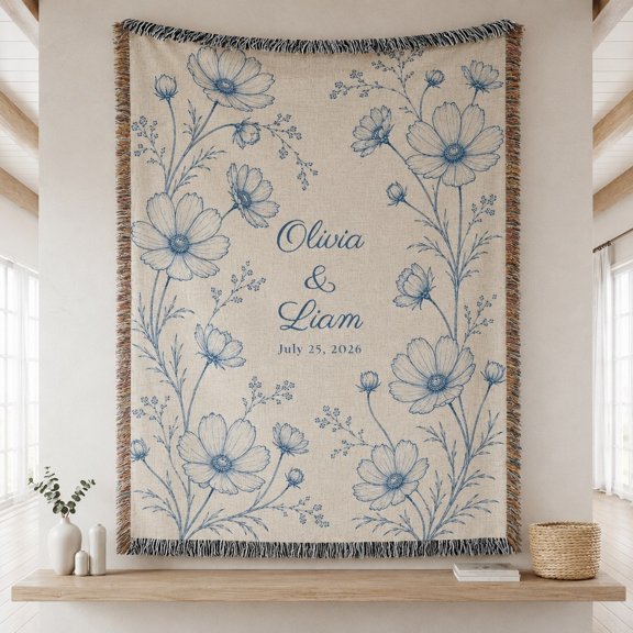 Personalized Woven Cotton Blanket with Names and Date, Floral Throw