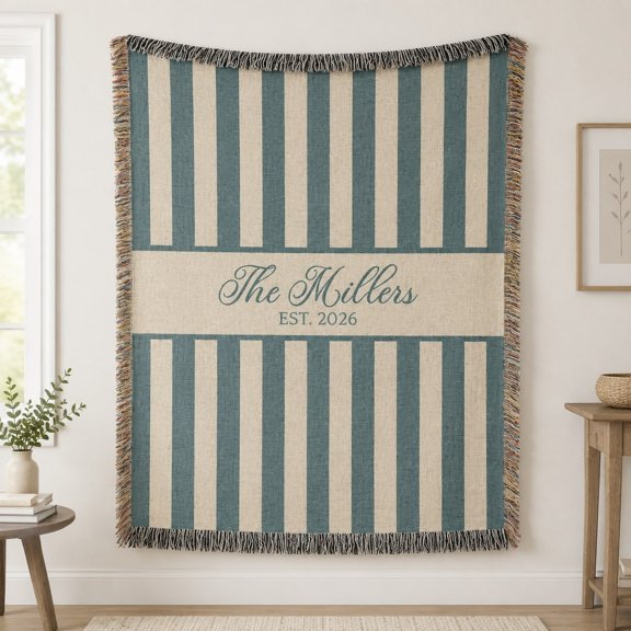 Personalized Woven Cotton Throw Blanket with Family Name & Year, Fringed