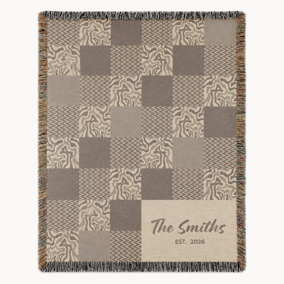 Personalized Woven Cotton Throw Blanket with Fringe, Custom Family Name Patchwork Design