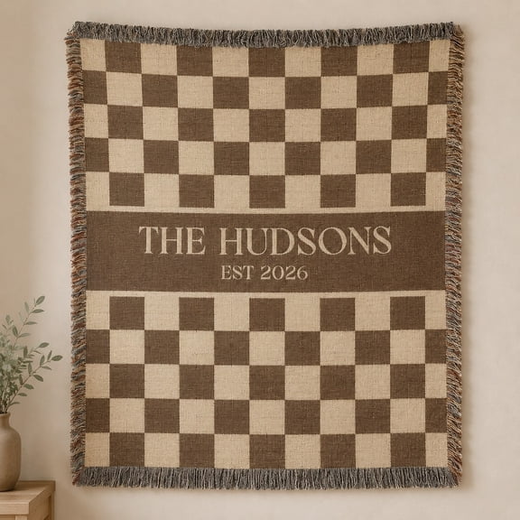 Personalized Woven Cotton Throw Blanket with Fringe, Custom Name Date Tapestry