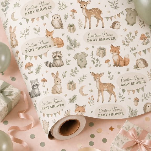 Personalized Wrapping Paper Sage Woodland Gift Wrap for Custom Name Shower Celebration