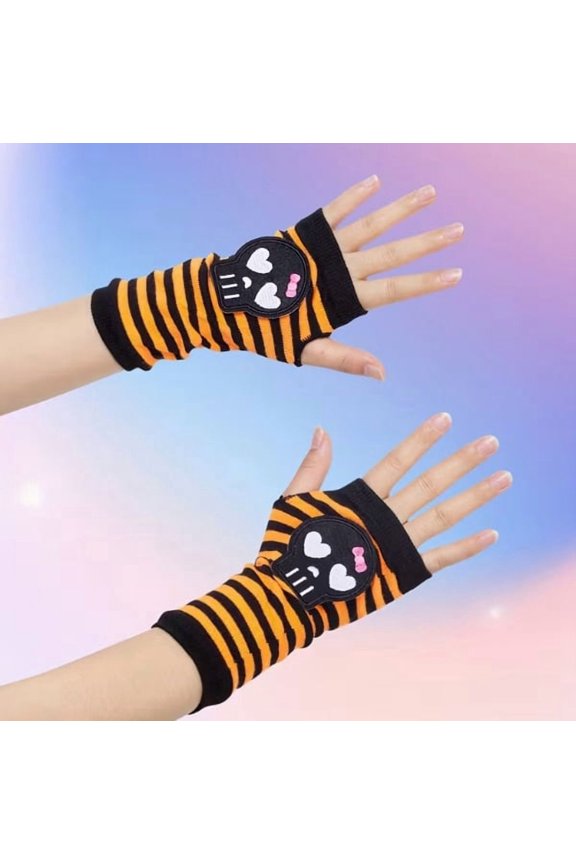 Personalized Y2K Skull and Love Embroidered Striped Gloves - Trendy One Size Fits All Fashion Accessory for Girls