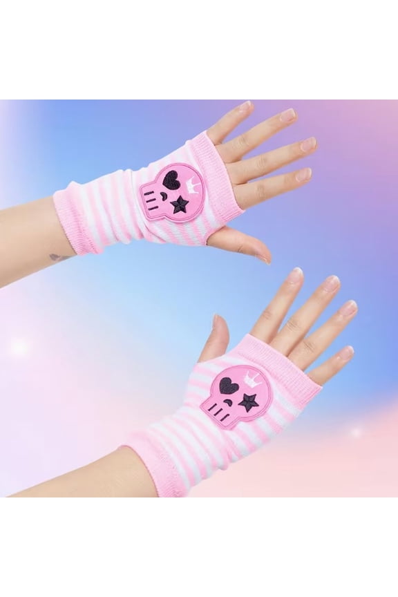 Personalized Y2K Skull and Love Embroidered Striped Gloves for Trendy Girls - One Size Fits All Street Style Accessory