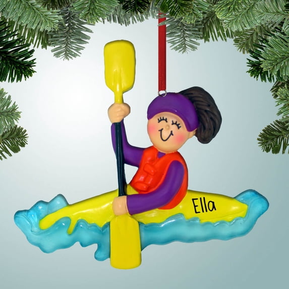 Personalized Yellow Kayak - Female Brown Christmas Ornament - Water Sports - Kayaking - Lake Trip - Great Gift Ideas
