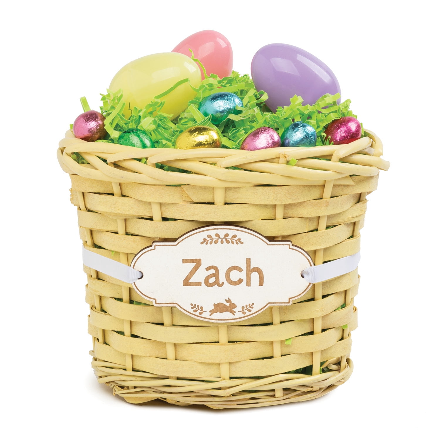 Personalized Yellow Wicker Bucket and Name Plaque