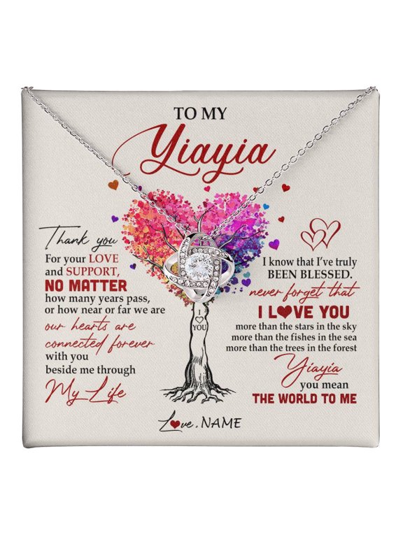 Personalized To My Yiayia Necklace From Grandkids Never Forget That I Love You You Mean The World Yiayia Birthday Mothers Day Customized Gift Box Message Card, White Love Knot Necklace