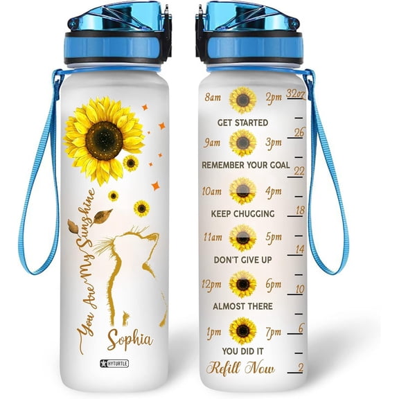 Personalized You Are My Sunshine Cat Sunflower 32oz Liter Motivational Water Bottle, Customized Name Tracking Water Bottle Gifts For Women Cat Lover Sunflower Lover On Birthday Mother's Day