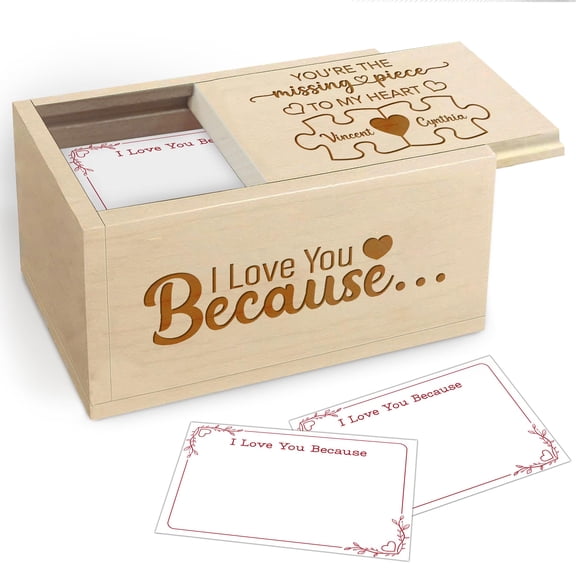 Personalized 'You’re the Missing Piece to My Heart' Wooden Memory Box – Custom Engraved with Names & Date, Includes 150 Cards for Love Notes, Perfect for Anniversaries and Special Occasions